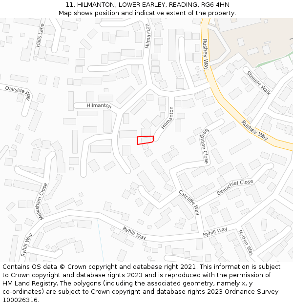 11, HILMANTON, LOWER EARLEY, READING, RG6 4HN: Location map and indicative extent of plot