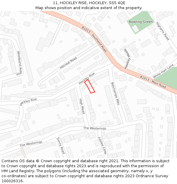 11, HOCKLEY RISE, HOCKLEY, SS5 4QE: Location map and indicative extent of plot