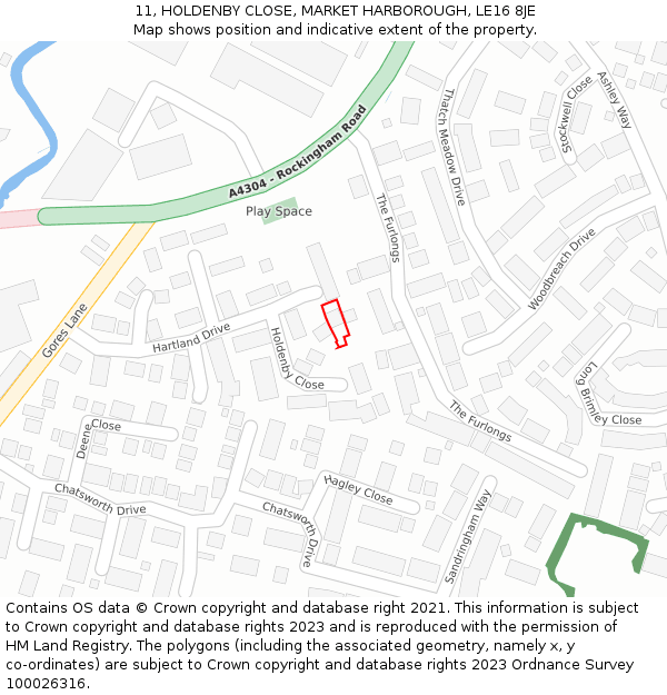 11, HOLDENBY CLOSE, MARKET HARBOROUGH, LE16 8JE: Location map and indicative extent of plot