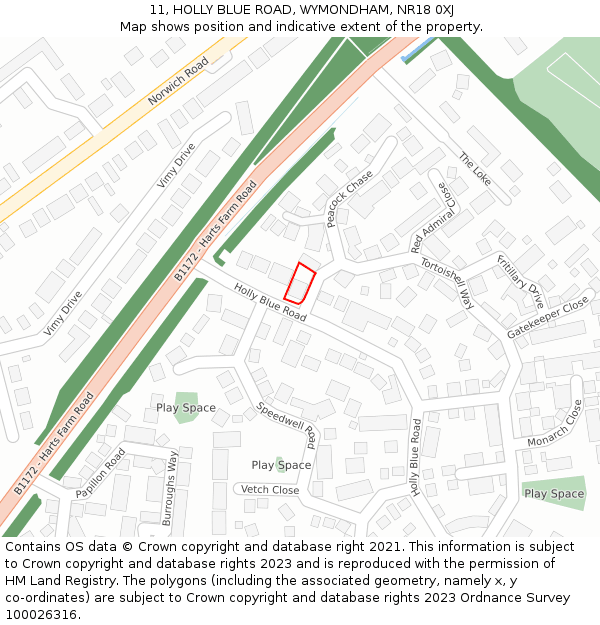 11, HOLLY BLUE ROAD, WYMONDHAM, NR18 0XJ: Location map and indicative extent of plot