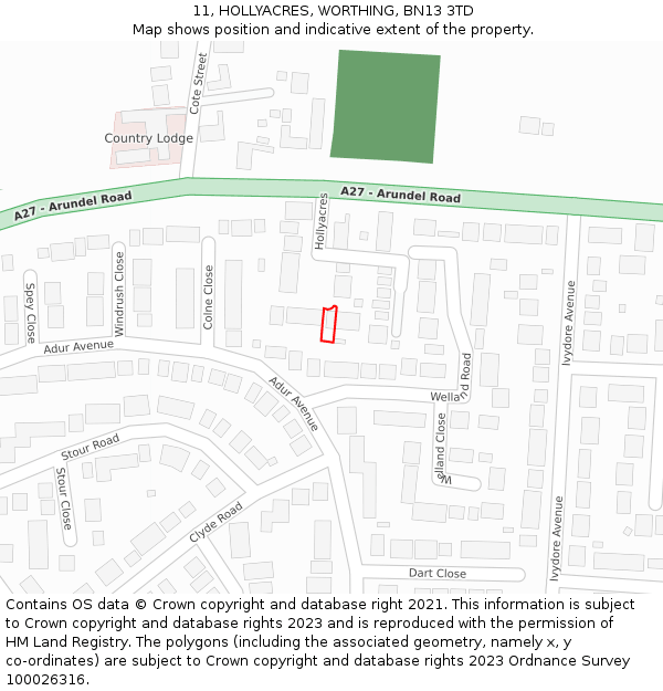 11, HOLLYACRES, WORTHING, BN13 3TD: Location map and indicative extent of plot