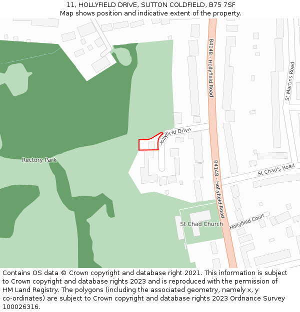 11, HOLLYFIELD DRIVE, SUTTON COLDFIELD, B75 7SF: Location map and indicative extent of plot