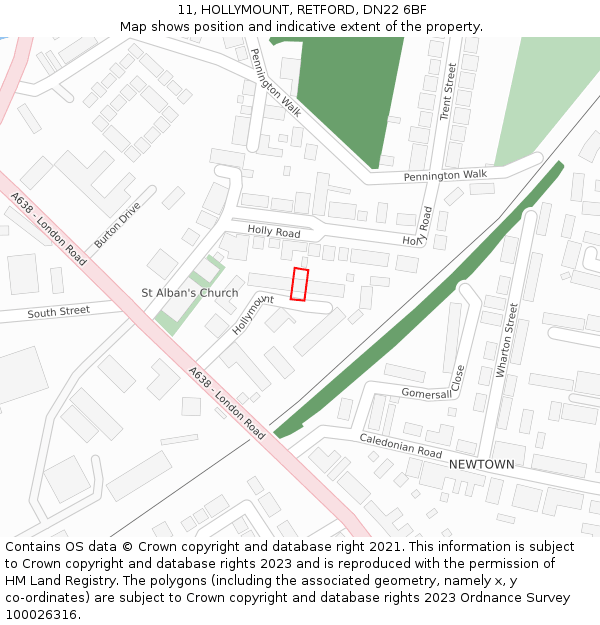 11, HOLLYMOUNT, RETFORD, DN22 6BF: Location map and indicative extent of plot