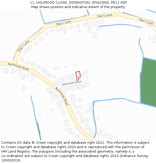 11, HOLYROOD CLOSE, DONINGTON, SPALDING, PE11 4SP: Location map and indicative extent of plot