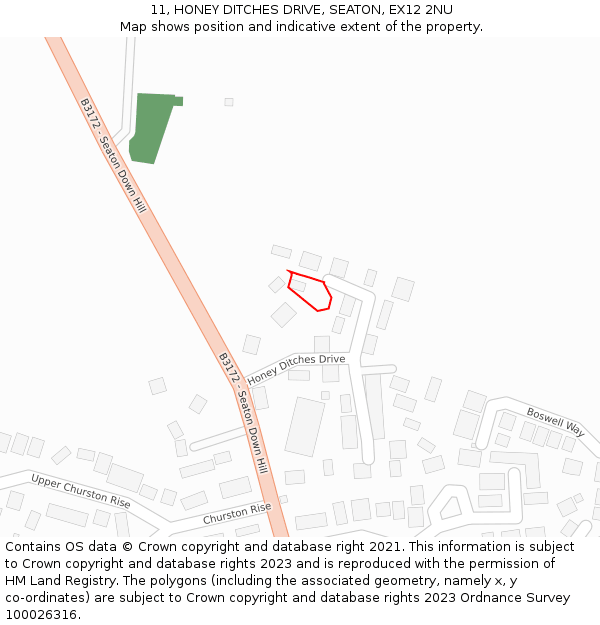 11, HONEY DITCHES DRIVE, SEATON, EX12 2NU: Location map and indicative extent of plot