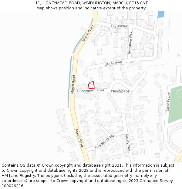 11, HONEYMEAD ROAD, WIMBLINGTON, MARCH, PE15 0NT: Location map and indicative extent of plot