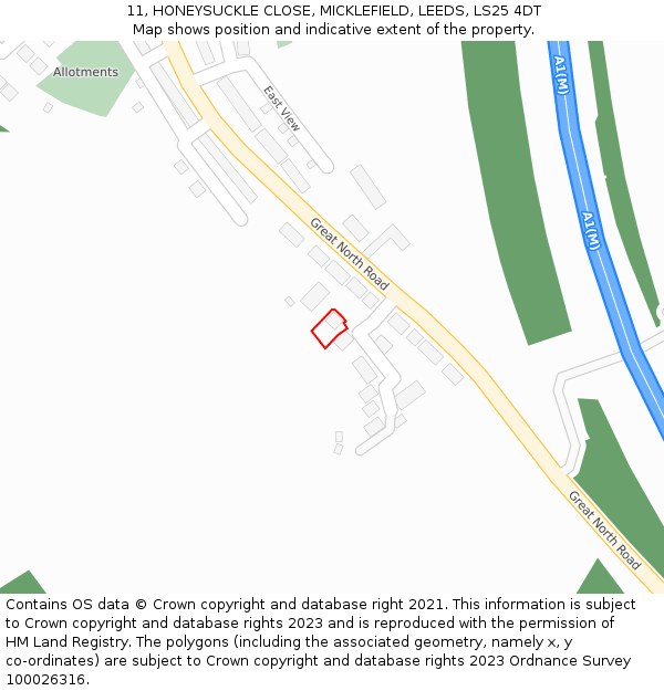 11, HONEYSUCKLE CLOSE, MICKLEFIELD, LEEDS, LS25 4DT: Location map and indicative extent of plot