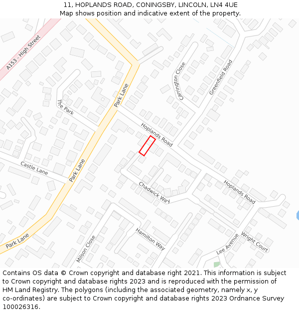 11, HOPLANDS ROAD, CONINGSBY, LINCOLN, LN4 4UE: Location map and indicative extent of plot