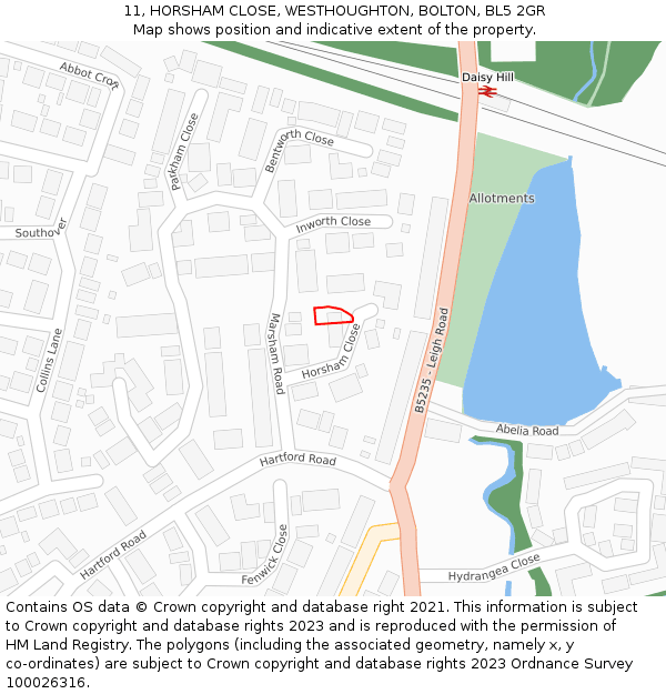 11, HORSHAM CLOSE, WESTHOUGHTON, BOLTON, BL5 2GR: Location map and indicative extent of plot