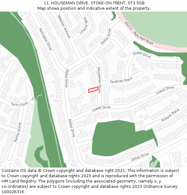 11, HOUSEMAN DRIVE, STOKE-ON-TRENT, ST3 5SB: Location map and indicative extent of plot