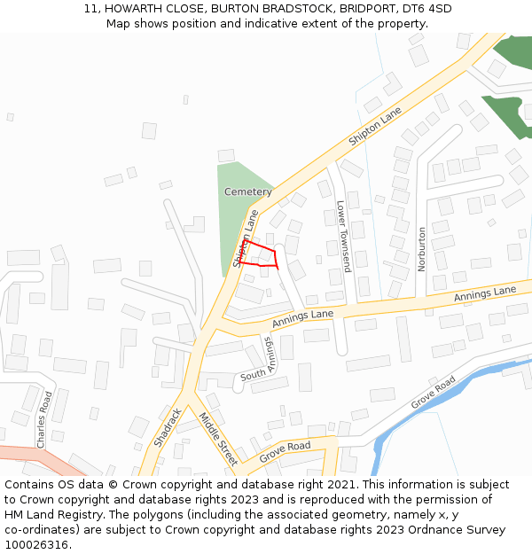 11, HOWARTH CLOSE, BURTON BRADSTOCK, BRIDPORT, DT6 4SD: Location map and indicative extent of plot