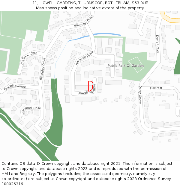 11, HOWELL GARDENS, THURNSCOE, ROTHERHAM, S63 0UB: Location map and indicative extent of plot