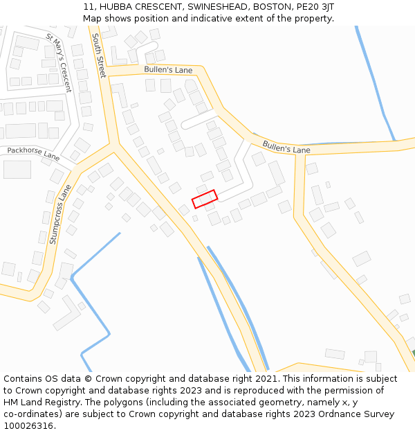11, HUBBA CRESCENT, SWINESHEAD, BOSTON, PE20 3JT: Location map and indicative extent of plot