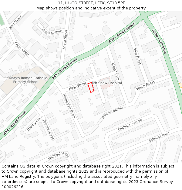 11, HUGO STREET, LEEK, ST13 5PE: Location map and indicative extent of plot