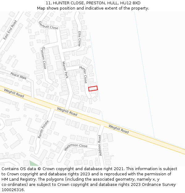 11, HUNTER CLOSE, PRESTON, HULL, HU12 8XD: Location map and indicative extent of plot