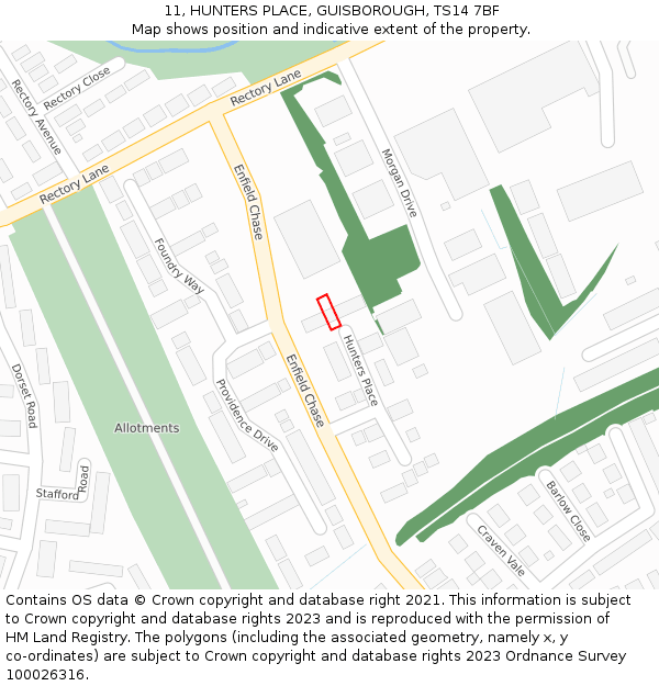 11, HUNTERS PLACE, GUISBOROUGH, TS14 7BF: Location map and indicative extent of plot