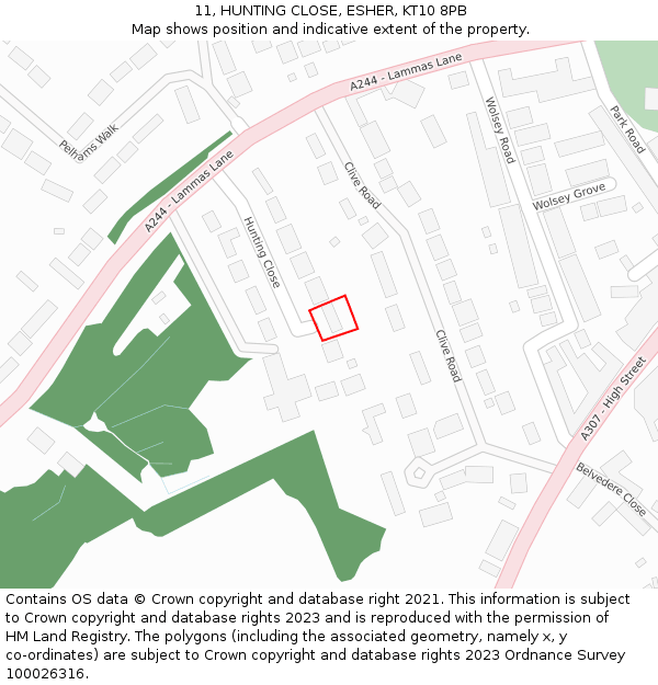 11, HUNTING CLOSE, ESHER, KT10 8PB: Location map and indicative extent of plot