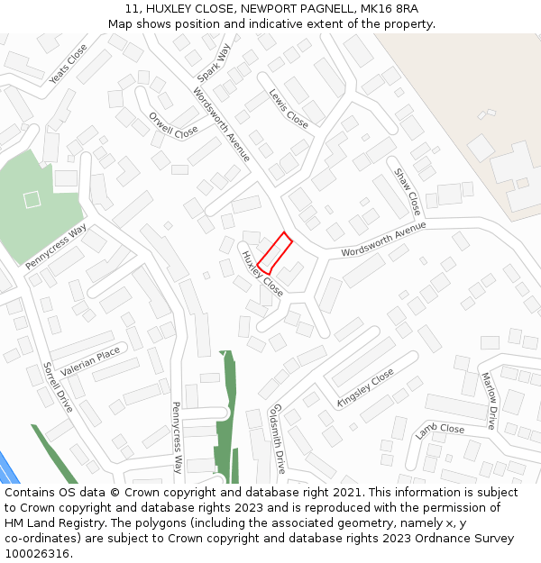 11, HUXLEY CLOSE, NEWPORT PAGNELL, MK16 8RA: Location map and indicative extent of plot