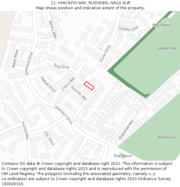 11, HYACINTH WAY, RUSHDEN, NN10 0UR: Location map and indicative extent of plot