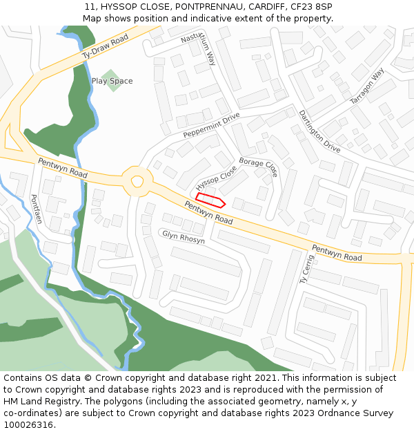 11, HYSSOP CLOSE, PONTPRENNAU, CARDIFF, CF23 8SP: Location map and indicative extent of plot