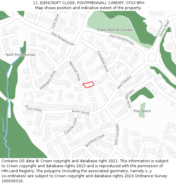 11, IDENCROFT CLOSE, PONTPRENNAU, CARDIFF, CF23 8PH: Location map and indicative extent of plot