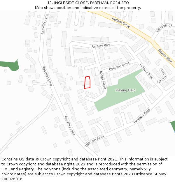 11, INGLESIDE CLOSE, FAREHAM, PO14 3EQ: Location map and indicative extent of plot