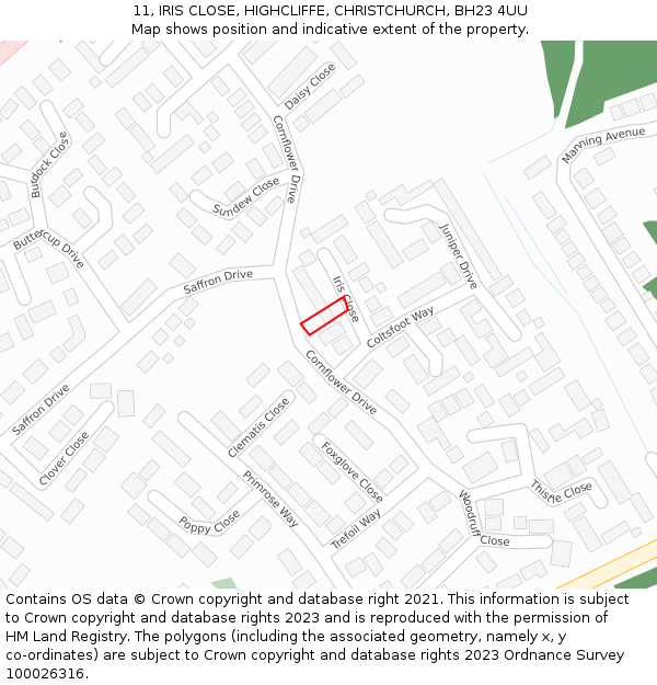 11, IRIS CLOSE, HIGHCLIFFE, CHRISTCHURCH, BH23 4UU: Location map and indicative extent of plot