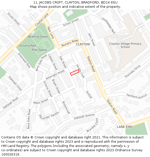 11, JACOBS CROFT, CLAYTON, BRADFORD, BD14 6SU: Location map and indicative extent of plot