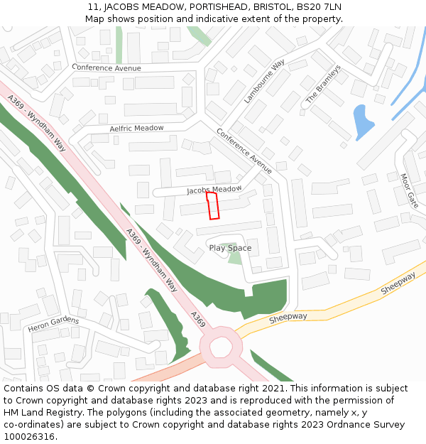 11, JACOBS MEADOW, PORTISHEAD, BRISTOL, BS20 7LN: Location map and indicative extent of plot