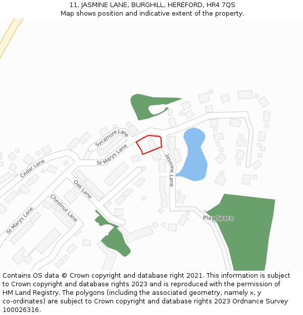 11, JASMINE LANE, BURGHILL, HEREFORD, HR4 7QS: Location map and indicative extent of plot