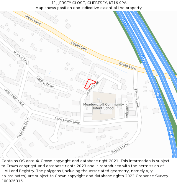 11, JERSEY CLOSE, CHERTSEY, KT16 9PA: Location map and indicative extent of plot
