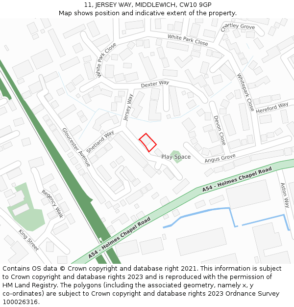 11, JERSEY WAY, MIDDLEWICH, CW10 9GP: Location map and indicative extent of plot