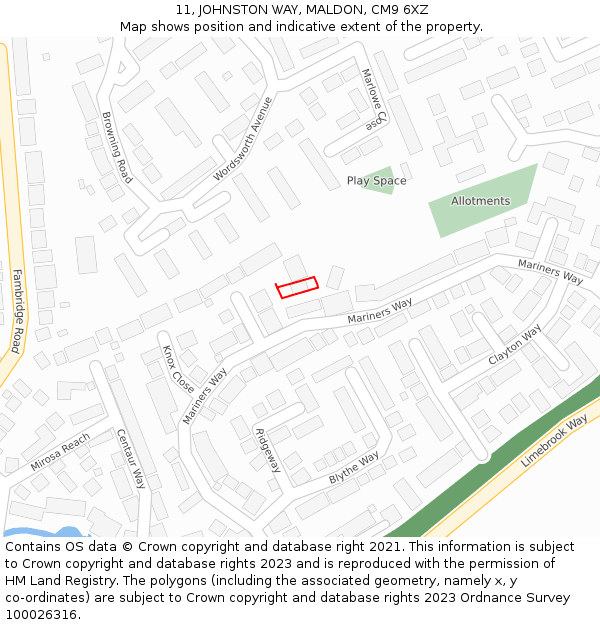 11, JOHNSTON WAY, MALDON, CM9 6XZ: Location map and indicative extent of plot