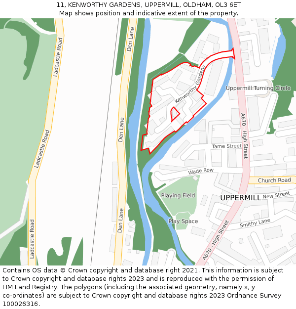 11, KENWORTHY GARDENS, UPPERMILL, OLDHAM, OL3 6ET: Location map and indicative extent of plot