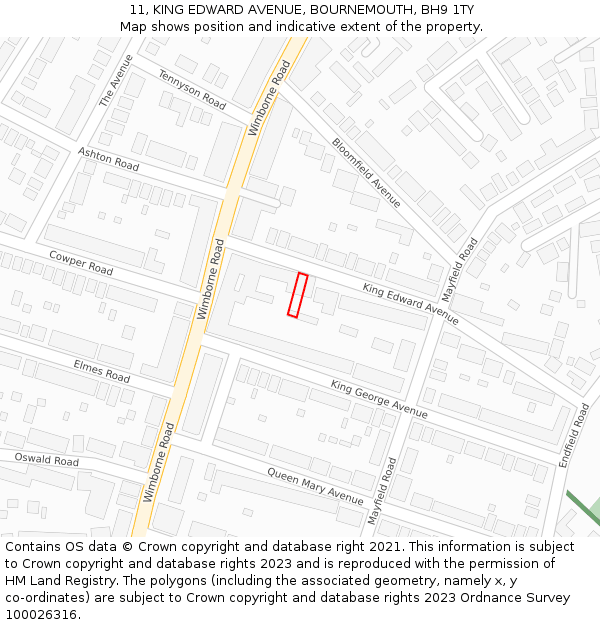 11, KING EDWARD AVENUE, BOURNEMOUTH, BH9 1TY: Location map and indicative extent of plot