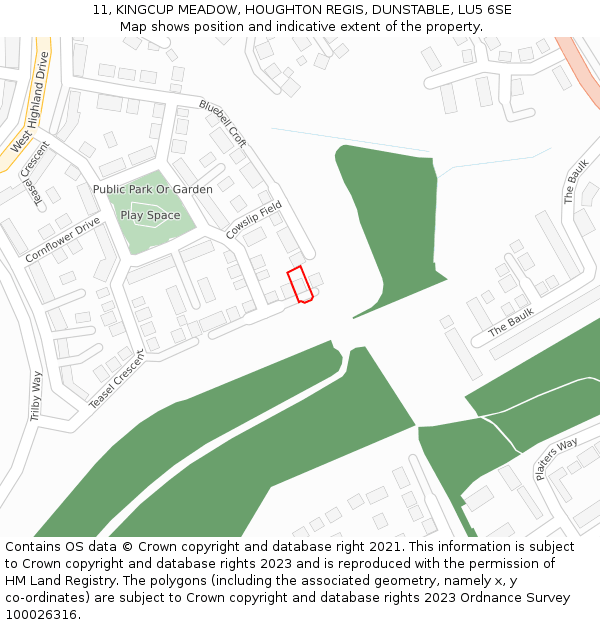 11, KINGCUP MEADOW, HOUGHTON REGIS, DUNSTABLE, LU5 6SE: Location map and indicative extent of plot