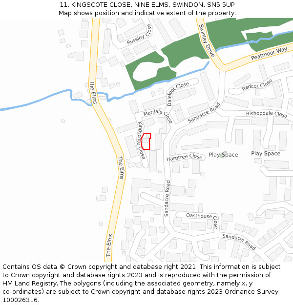 11, KINGSCOTE CLOSE, NINE ELMS, SWINDON, SN5 5UP: Location map and indicative extent of plot