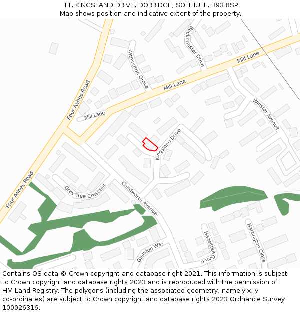 11, KINGSLAND DRIVE, DORRIDGE, SOLIHULL, B93 8SP: Location map and indicative extent of plot