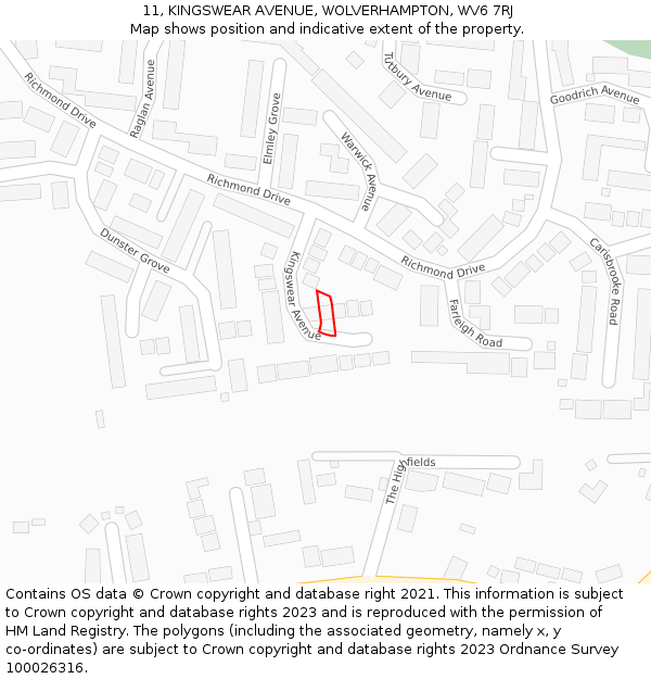 11, KINGSWEAR AVENUE, WOLVERHAMPTON, WV6 7RJ: Location map and indicative extent of plot