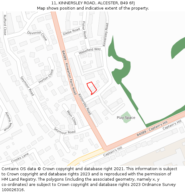 11, KINNERSLEY ROAD, ALCESTER, B49 6FJ: Location map and indicative extent of plot