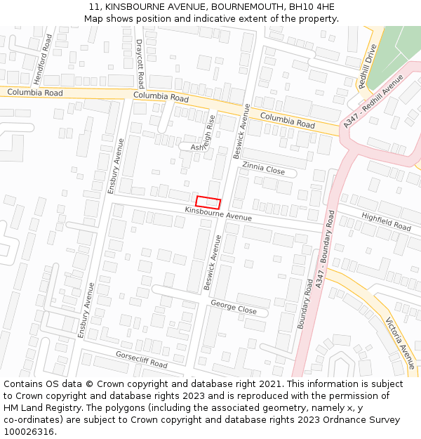 11, KINSBOURNE AVENUE, BOURNEMOUTH, BH10 4HE: Location map and indicative extent of plot