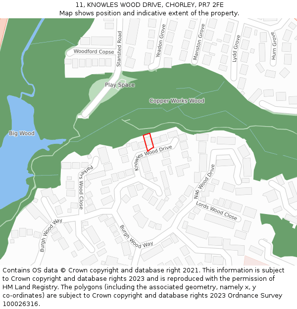11, KNOWLES WOOD DRIVE, CHORLEY, PR7 2FE: Location map and indicative extent of plot