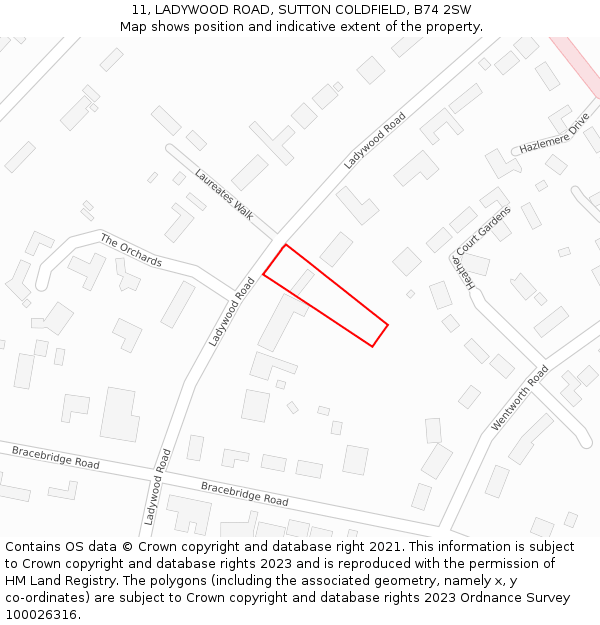 11, LADYWOOD ROAD, SUTTON COLDFIELD, B74 2SW: Location map and indicative extent of plot