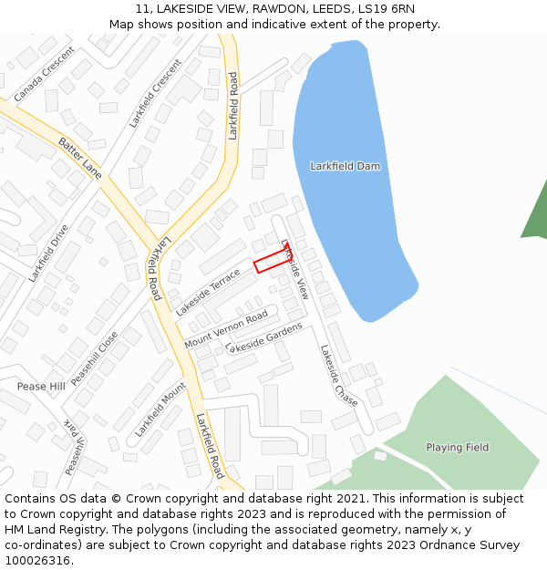 11, LAKESIDE VIEW, RAWDON, LEEDS, LS19 6RN: Location map and indicative extent of plot