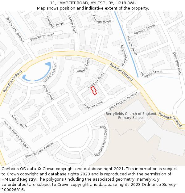 11, LAMBERT ROAD, AYLESBURY, HP18 0WU: Location map and indicative extent of plot