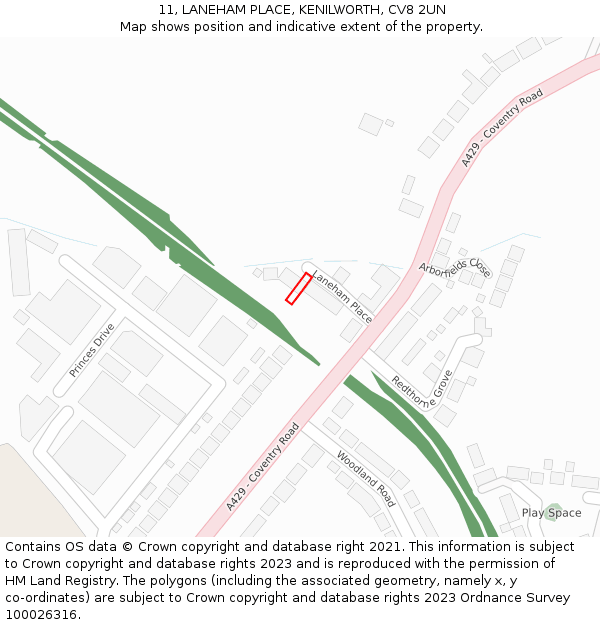 11, LANEHAM PLACE, KENILWORTH, CV8 2UN: Location map and indicative extent of plot