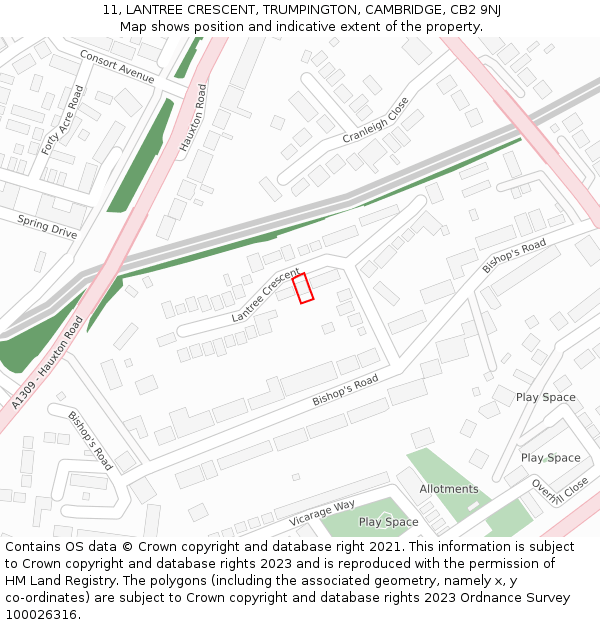 11, LANTREE CRESCENT, TRUMPINGTON, CAMBRIDGE, CB2 9NJ: Location map and indicative extent of plot