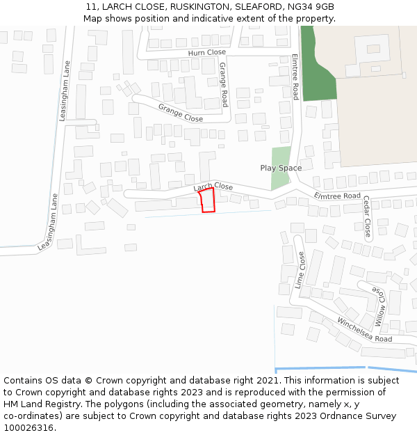 11, LARCH CLOSE, RUSKINGTON, SLEAFORD, NG34 9GB: Location map and indicative extent of plot