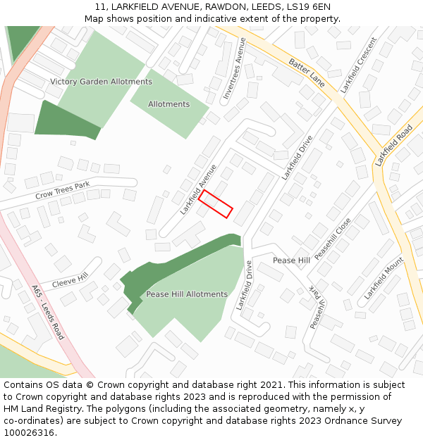 11, LARKFIELD AVENUE, RAWDON, LEEDS, LS19 6EN: Location map and indicative extent of plot