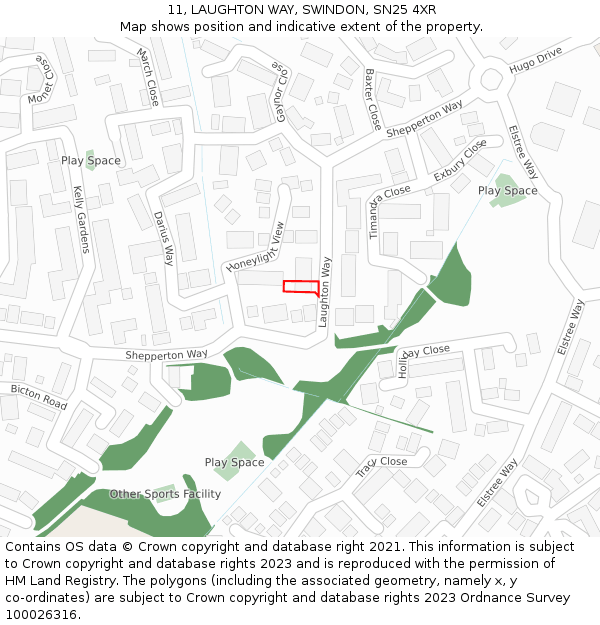 11, LAUGHTON WAY, SWINDON, SN25 4XR: Location map and indicative extent of plot